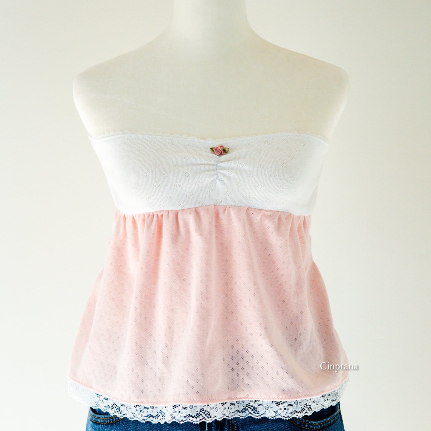 “Maria” Lace Trim Babydoll Camisole in Pink and White