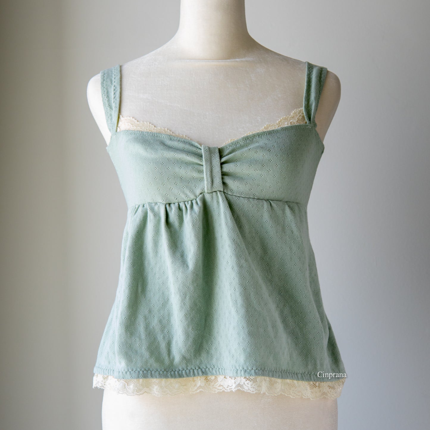 “Lola” Bow Babydoll Camisole Top in Sage Green