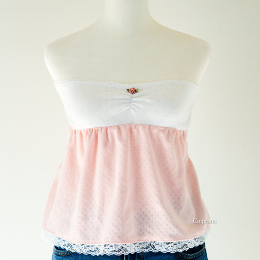“Maria” Lace Trim Babydoll Camisole in Pink and White